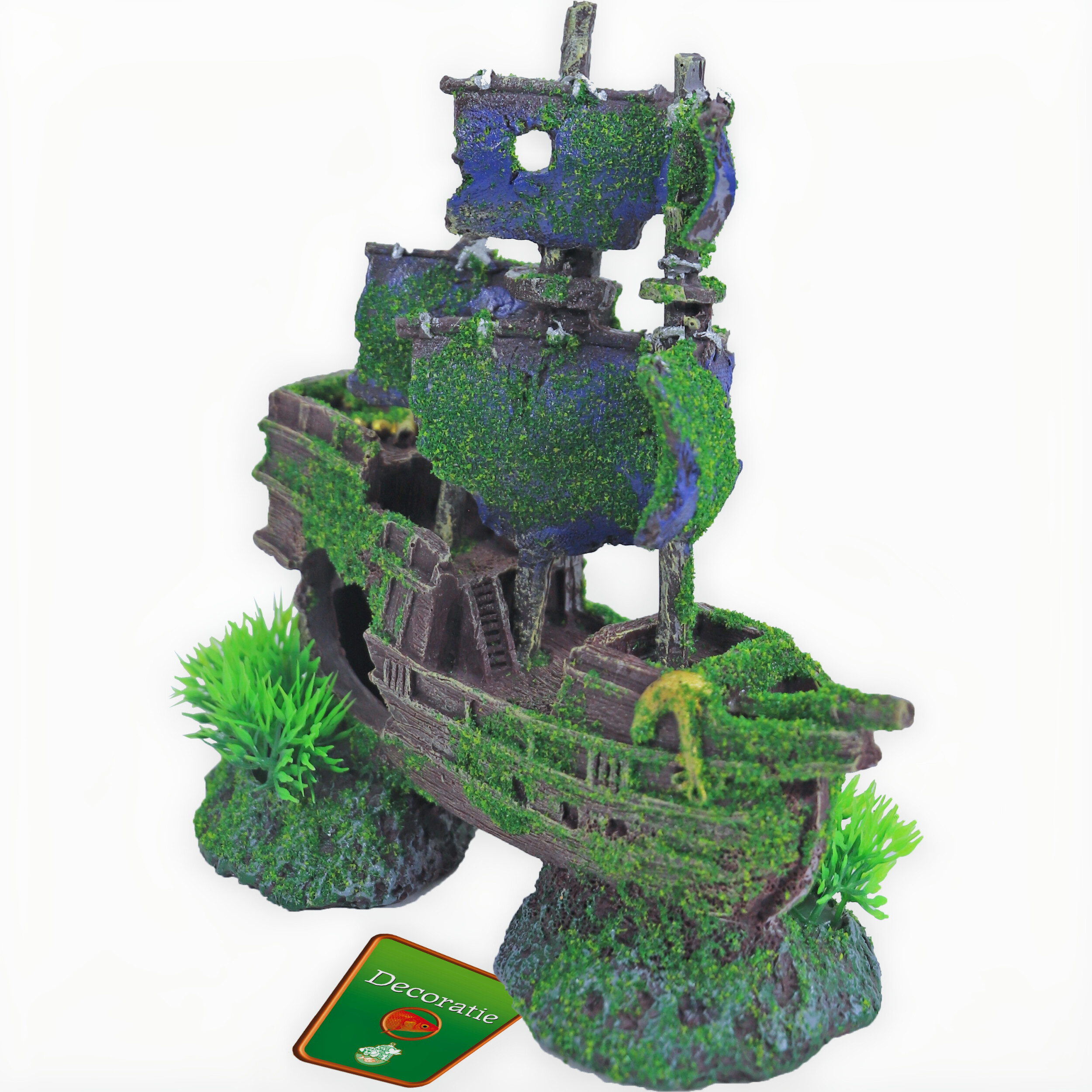 Boon Aquarium Ornament - Gezonken Galjoen met Mos & Gaten, Polyresin 18cm - Veilig & Duurzaam