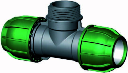 PP klemkoppeling T-stuk 50mm x 1½" buitendraad x 50mm